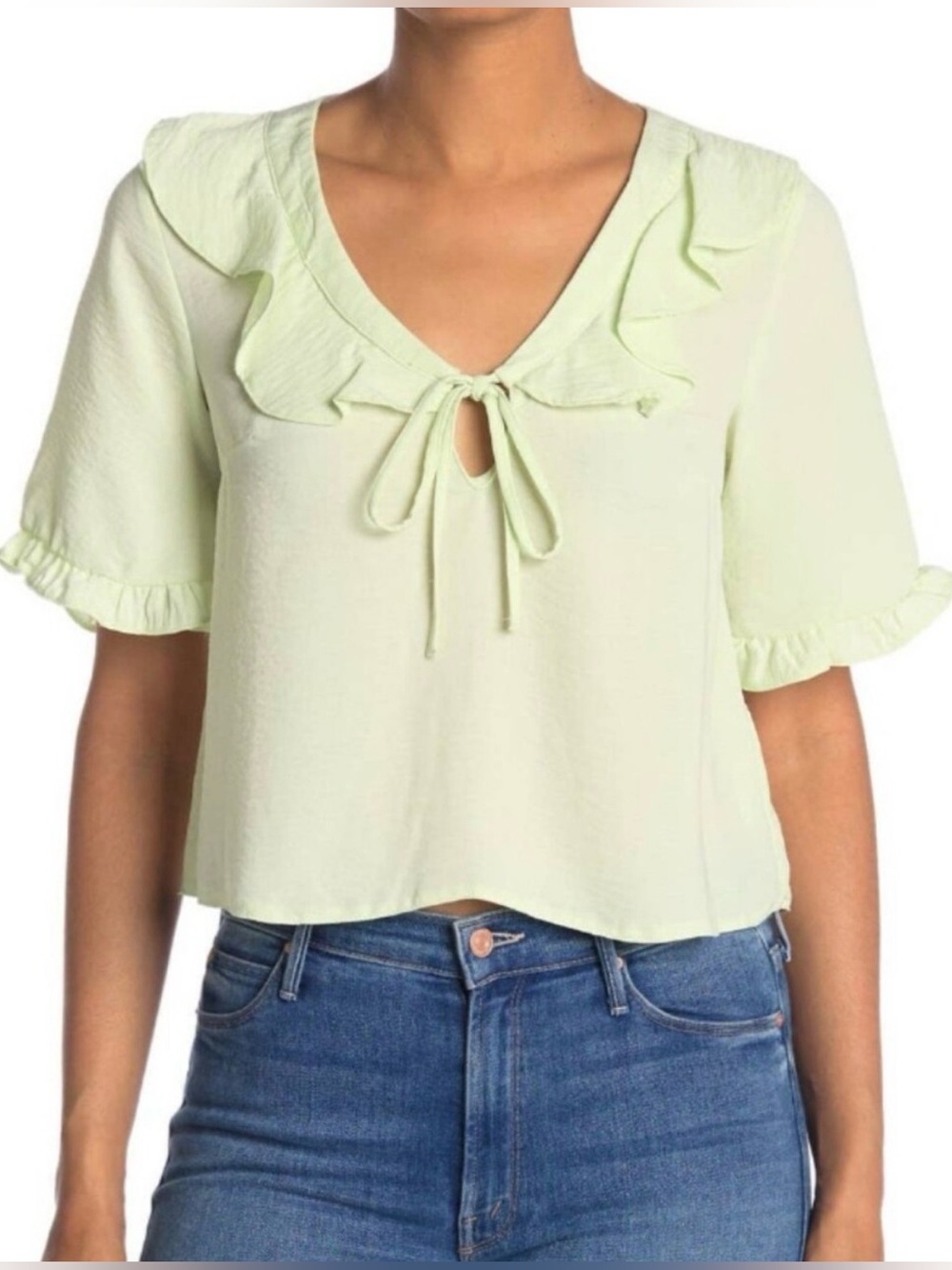 Topshop Light Green Ruffle Tie-Front Women's Top